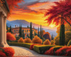Printable Art of Italian Village at Sunset with Autumn Leaves