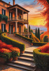 Printable Art of Italian Village at Sunset with Autumn Leaves