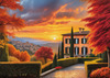 Printable Art of Italian Village at Sunset with Autumn Leaves