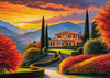 Printable Art of Italian Village at Sunset with Autumn Leaves