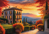 Printable Art of Italian Village at Sunset with Autumn Leaves