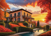 Printable Art of Italian Village at Sunset with Autumn Leaves