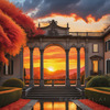 Printable Art of Italian Village at Sunset with Autumn Leaves