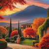 Printable Art of Italian Village at Sunset with Autumn Leaves