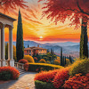 Printable Art of Italian Village at Sunset with Autumn Leaves
