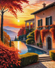 Printable Art of Italian Village at Sunset with Autumn Leaves