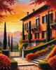 Printable Art of Italian Village at Sunset with Autumn Leaves