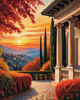 Printable Art of Italian Village at Sunset with Autumn Leaves