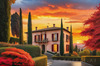 Printable Art of Italian Village at Sunset with Autumn Leaves