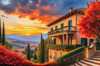 Printable Art of Italian Village at Sunset with Autumn Leaves
