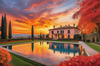 Printable Art of Italian Village at Sunset with Autumn Leaves