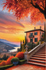 Printable Art of Italian Village at Sunset with Autumn Leaves