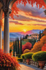 Printable Art of Italian Village at Sunset with Autumn Leaves