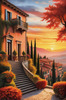 Printable Art of Italian Village at Sunset with Autumn Leaves