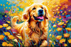 Expressive Golden Retriever Amidst Abstract Golden Blooms Pet Art