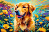 Expressive Golden Retriever Amidst Abstract Golden Blooms Pet Art