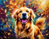 Expressive Golden Retriever Amidst Abstract Golden Blooms Pet Art