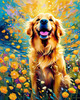 Expressive Golden Retriever Amidst Abstract Golden Blooms Pet Art