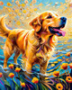 Expressive Golden Retriever Amidst Abstract Golden Blooms Pet Art