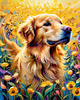 Expressive Golden Retriever Amidst Abstract Golden Blooms Pet Art