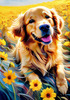 Expressive Golden Retriever Amidst Abstract Golden Blooms Pet Art