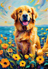 Expressive Golden Retriever Amidst Abstract Golden Blooms Pet Art