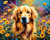 Expressive Golden Retriever Amidst Abstract Golden Blooms Pet Art