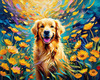 Expressive Golden Retriever Amidst Abstract Golden Blooms Pet Art