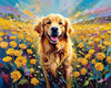 Expressive Golden Retriever Amidst Abstract Golden Blooms Pet Art