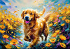 Expressive Golden Retriever Amidst Abstract Golden Blooms Pet Art