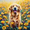 Expressive Golden Retriever Amidst Abstract Golden Blooms Pet Art