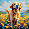 Expressive Golden Retriever Amidst Abstract Golden Blooms Pet Art
