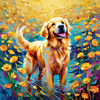 Expressive Golden Retriever Amidst Abstract Golden Blooms Pet Art
