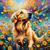 Expressive Golden Retriever Amidst Abstract Golden Blooms Pet Art