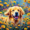 Expressive Golden Retriever Amidst Abstract Golden Blooms Pet Art