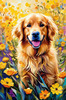 Expressive Golden Retriever Amidst Abstract Golden Blooms Pet Art