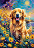 Expressive Golden Retriever Amidst Abstract Golden Blooms Pet Art