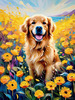 Expressive Golden Retriever Amidst Abstract Golden Blooms Pet Art