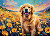 Expressive Golden Retriever Amidst Abstract Golden Blooms Pet Art