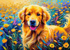 Expressive Golden Retriever Amidst Abstract Golden Blooms Pet Art