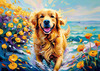 Expressive Golden Retriever Amidst Abstract Golden Blooms Pet Art