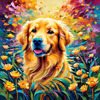 Expressive Golden Retriever Amidst Abstract Golden Blooms Pet Art