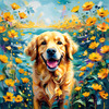 Expressive Golden Retriever Amidst Abstract Golden Blooms Pet Art