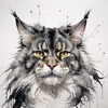 Abstract Sketchy Maine Coon Cat Art Print with Tufted Ears