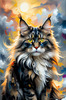 Expressive Maine Coon Art Print with Colorful Aura