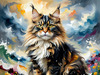 Expressive Maine Coon Art Print with Colorful Aura