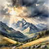 Sunbeams Breaking Through Stormy Clouds Over Mountains Print