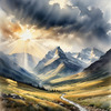 Sunbeams Breaking Through Stormy Clouds Over Mountains Print