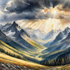 Sunbeams Breaking Through Stormy Clouds Over Mountains Print