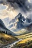 Sunbeams Breaking Through Stormy Clouds Over Mountains Print